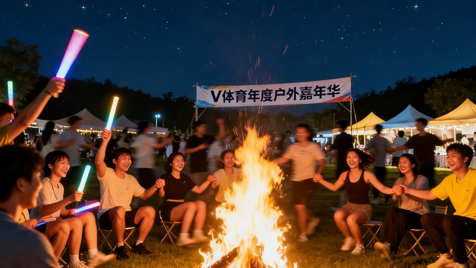 2024年V体育年度户外嘉年华活动中参与者在篝火晚会上的热闹场景，夜空下火焰映照着人们的笑脸