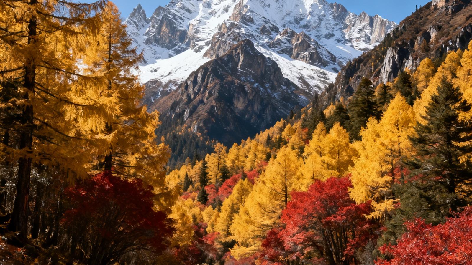 新开辟的四姑娘山长坪沟徒步路线中壮丽的秋季彩林风光，金黄与火红交织的林海延伸至雪山脚下